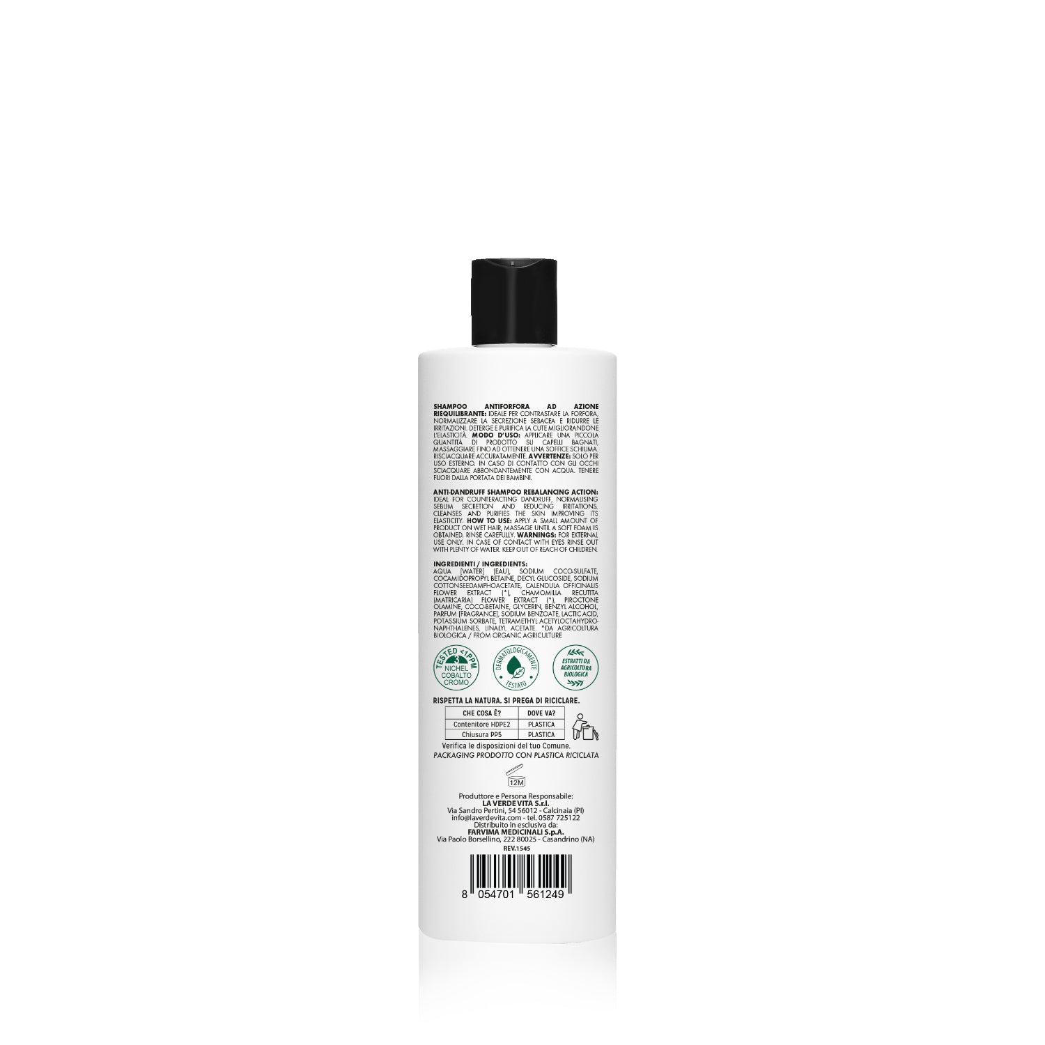 Kalucy Shampoo Antiforfora 250 ml retro con modo d’uso e INCI