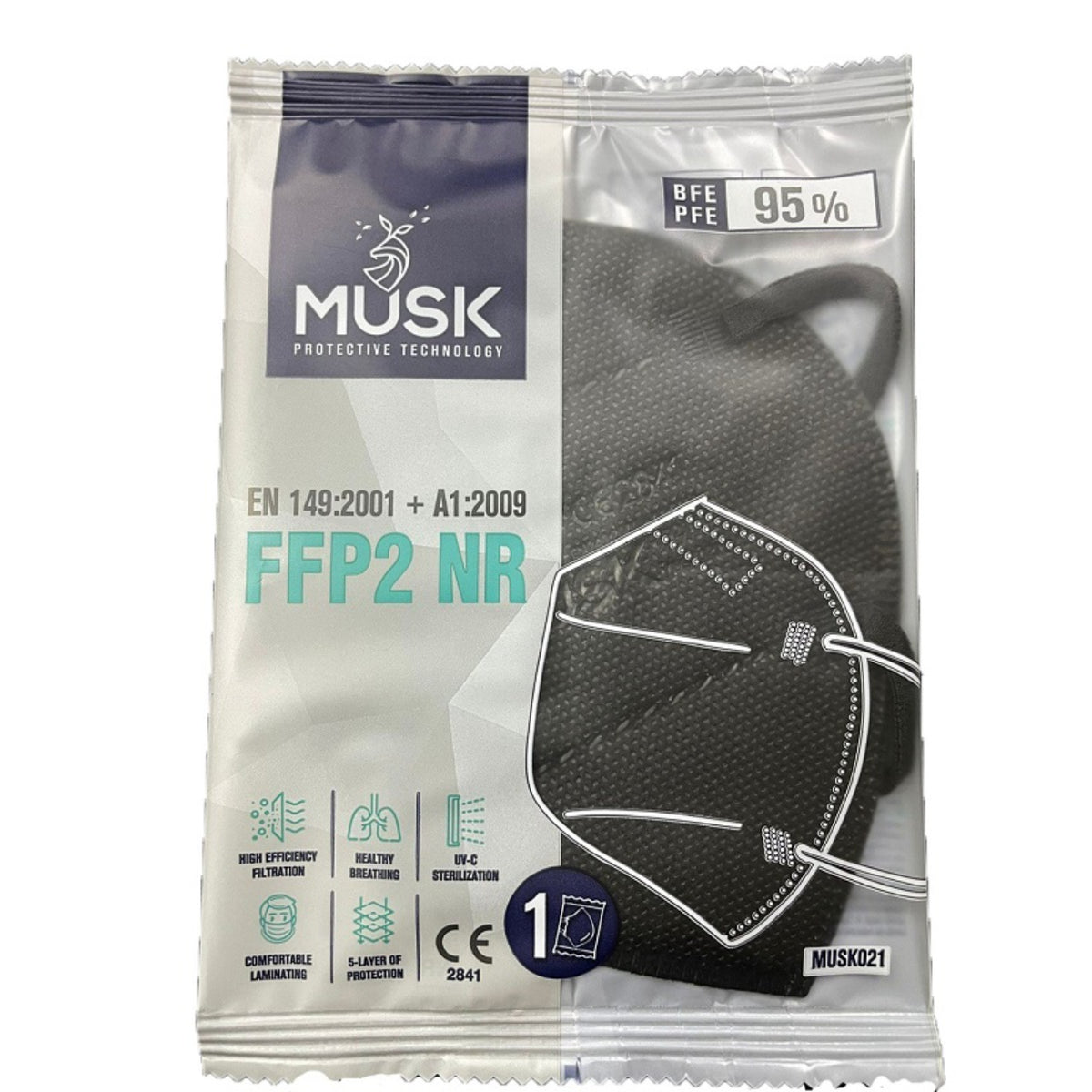 Musk Mascherina FFP2 Black | Dispositivo Protezione Vie Respiratorie | 1 Pezzo  