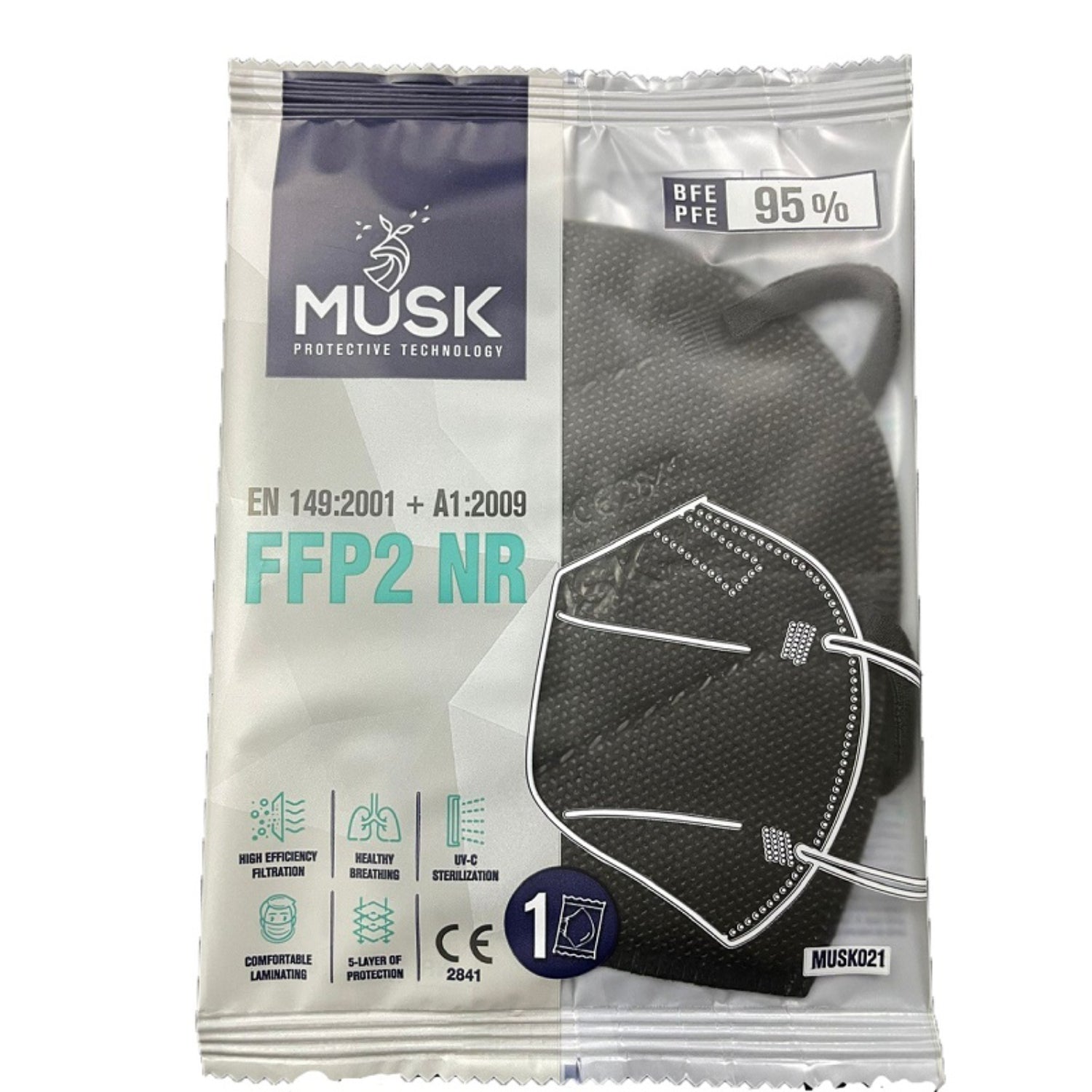Musk Mascherina FFP2 Black | Dispositivo Protezione Vie Respiratorie | 1 Pezzo
