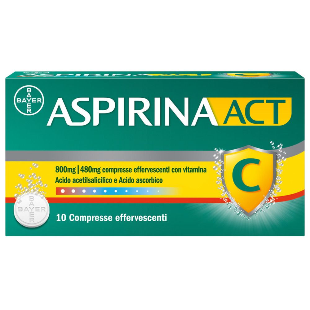 Aspirina Act | Farmaco Acido Acetilsalicilico e Vitamina C | 10 Compresse Effervescenti 800+480mg