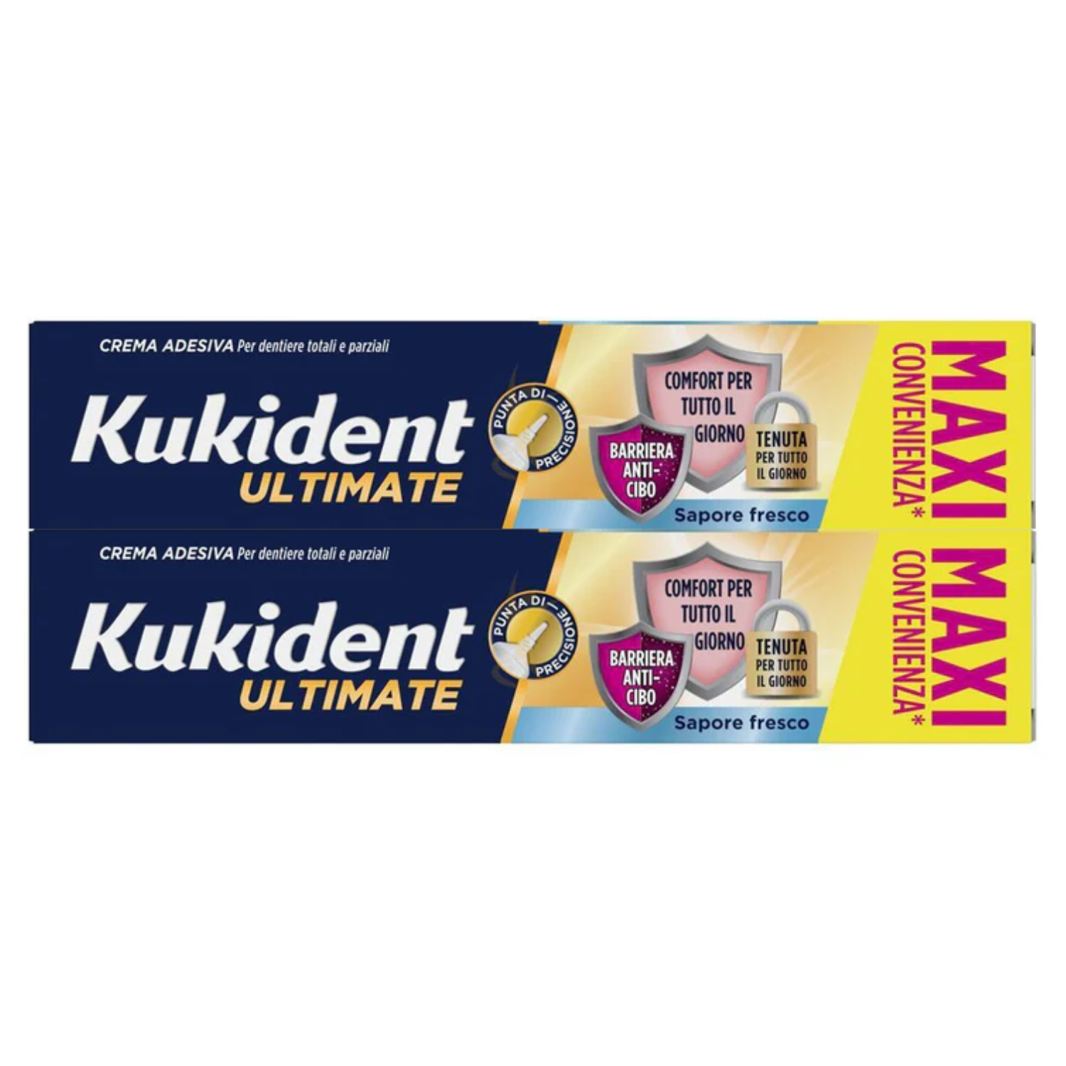 Kukident Ultimate Fresco | Crema Adesiva Dentiera Tecnologia 3in1 Tenuta Forte Menta | Pacco Doppio Maxi 2x57g