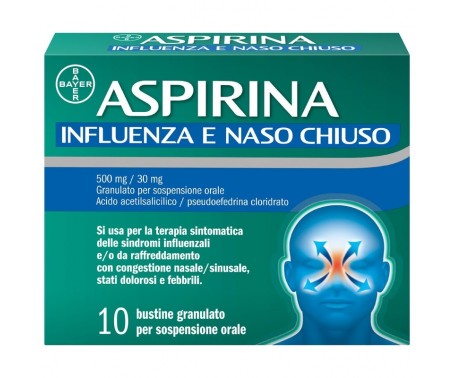 Aspirina Influenza & Naso Chiuso | Farmaco Acido Acetilsalicilico e Pseudoefedrina | 10 Bustine