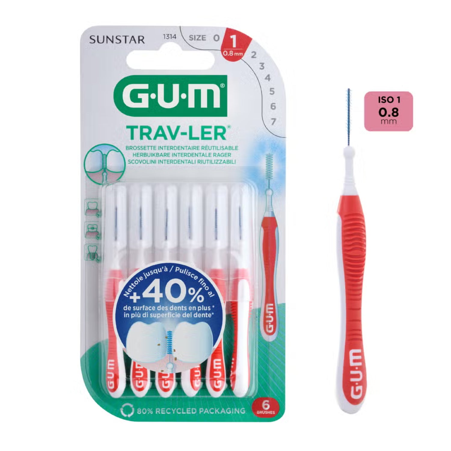 GUM Trav-ler | Scovolino Interdentale 0,8 mm ISO 1 | 6 Pezzi
