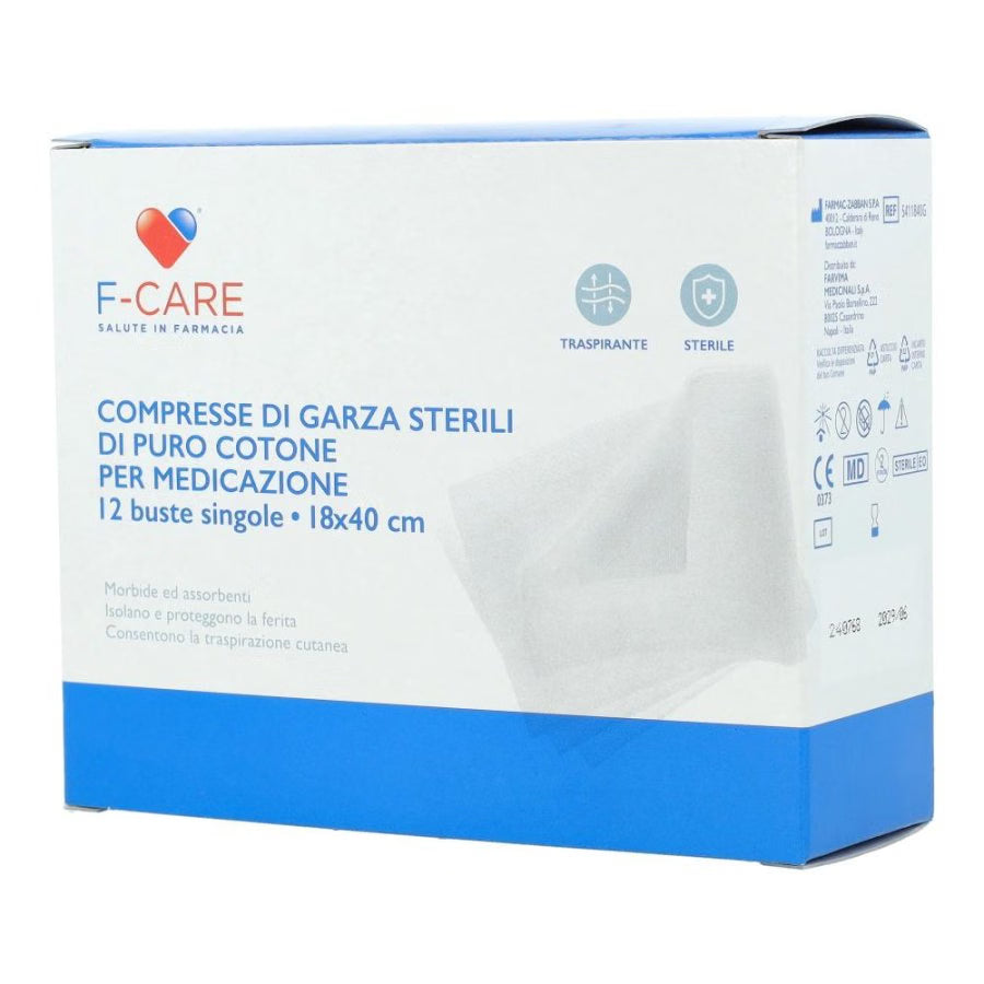 Garza F Care Cotone 18x40 | Compresse Sterili | 12 Pezzi