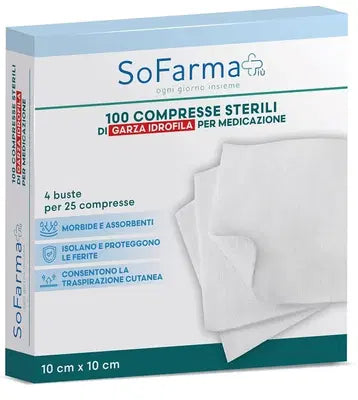 Sofarmapiù Compresse Sterili Di Garza Idrofila Cotone 10cm X 10cm 100 Pezzi  