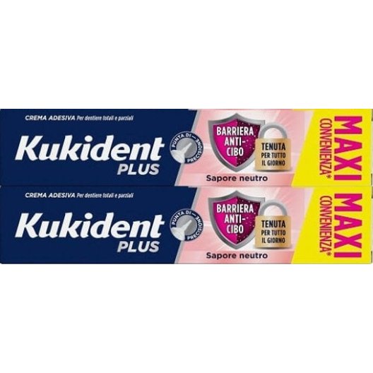Kukident Plus Barriera Anti-Cibo | Crema Adesiva Dentiera Tenuta Forte Neutro | Pacco Doppio Maxi 2x57g

