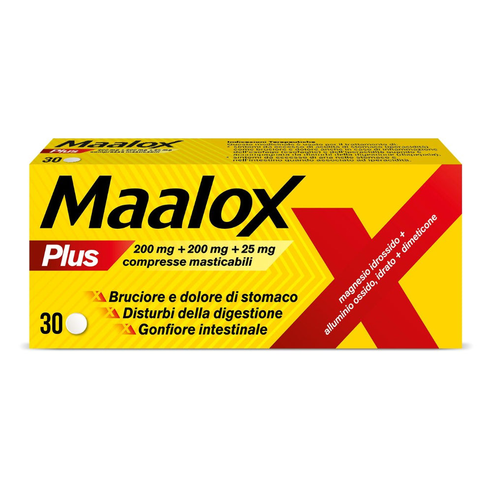 Maalox Plus | Farmaco Antiacido con Simeticone | 30 Compresse Masticabili