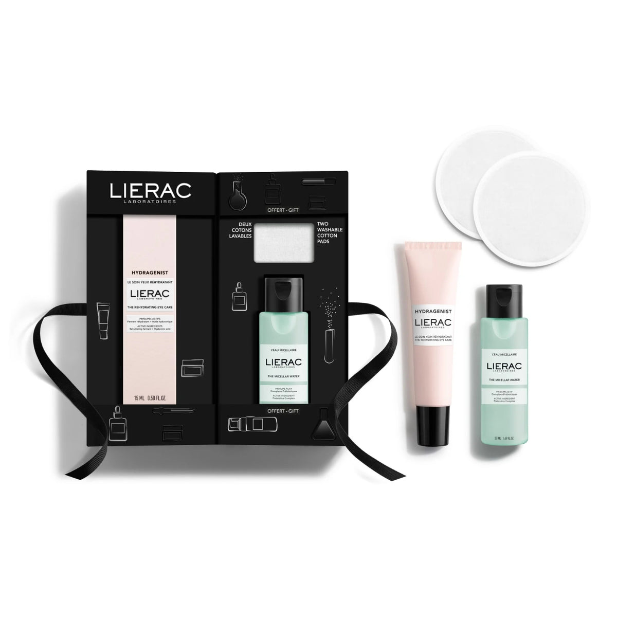 Lierac Hydragenist Cofanetto Trattamento Occhi Reidratante Illuminante 15ml, Acqua Micellare Struccante 50 ml e Pads Struccanti lavabili 2 