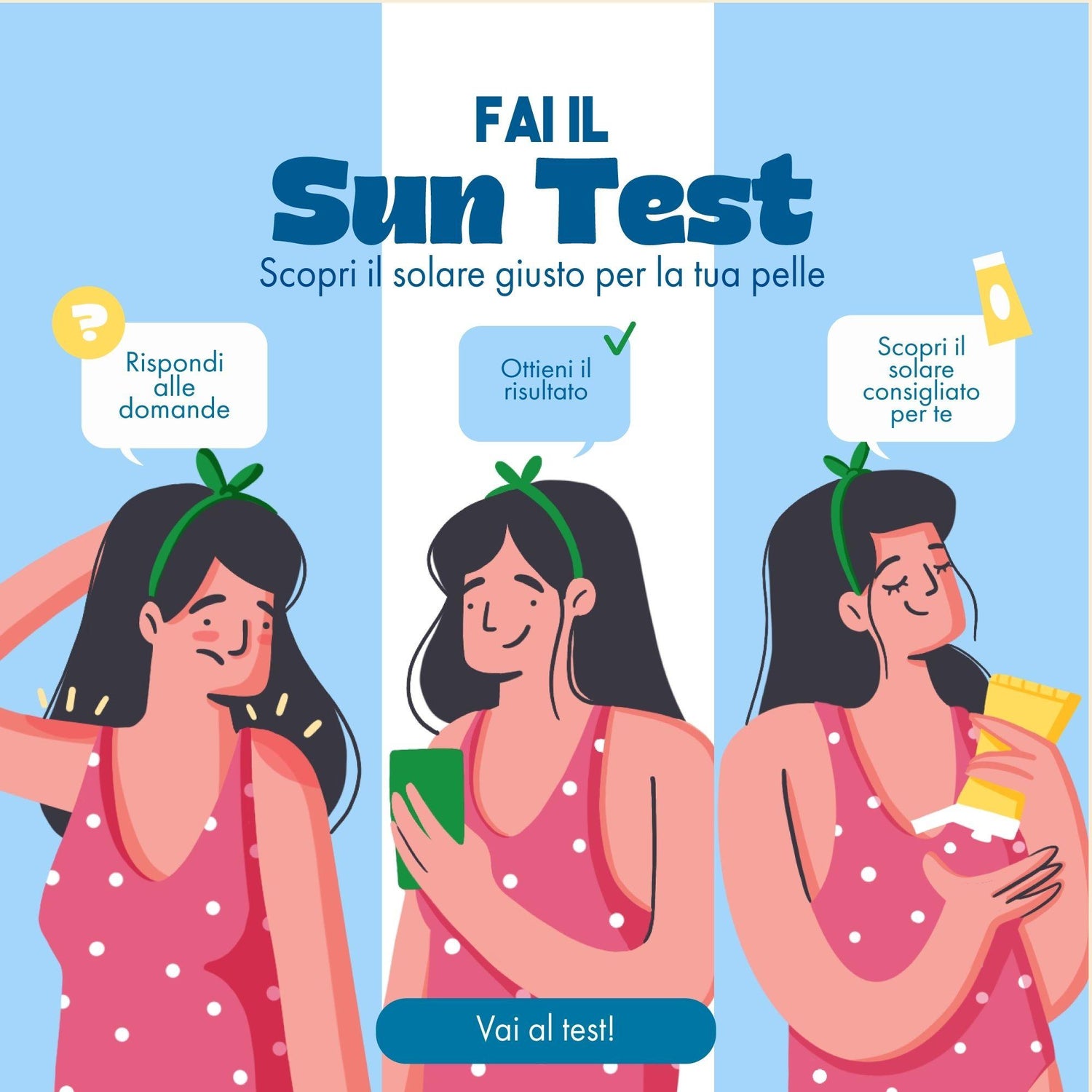 Fai il sun test e scopri il solare giusto per la tua pelle. Rispondi alle domande, ottieni il risultato e scopri il solare consigliato per te