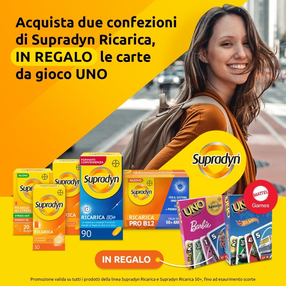 Promo Supradyn: Acquista 2 confezioni di Supradyn Ricarica e in regalo ricevi le carte da gioco UNO