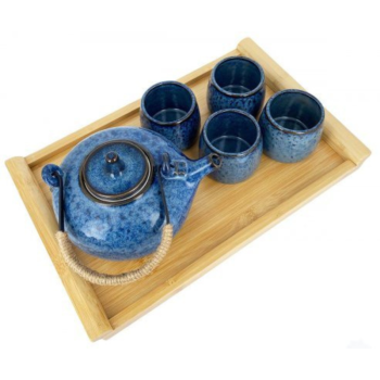 himalaya zen set - teiera in porcellana blu 800ml + 4 cup tazze 120ml blu + vassoio bambù