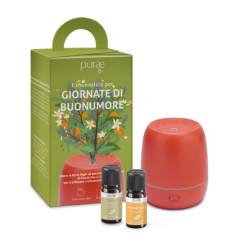 purae cofanetto kit giornate buonumore - diffusore a ultrasuoni mini hibiscus + 2 oli essenziali di mandarino e litsea cubeba