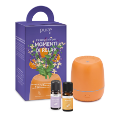 purae cofanetto kit momenti relax - diffusore a ultrasuoni di oli essenziali mini apricot + 2 oli essenziali di lavanda ibrida e arancio dolce