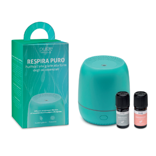 Purae Kit Aromaterapico Respira Puro Petit Ixia - Diffusore Ad Ultrasuoni + Olio Essenziale Eucalip