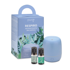 purae kit aromaterapia balsamica con diffusore mini ginepro + 2 oli essenziali biologici di eucalipto e menta 