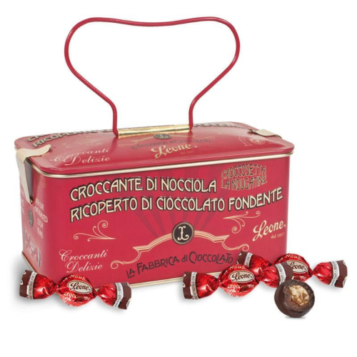 Leone Cofanetto Regalo In Lattina - Scrigno Croccantini Nocciola Ricoperti Cioccolato 150gr