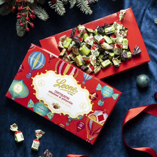 Leone Scatola Praline Cioccolatini Al Pistacchio Natale In Mongolfiera 150g