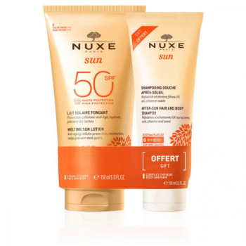 nuxe sun duo latte solare viso e corpo spf 50 150ml + shampoo doccia doposole 100ml omaggio