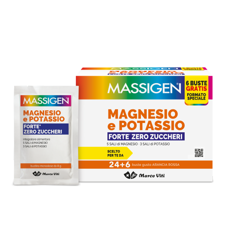 Massigen Magnesio E Potassio Forte Zero Zuccheri 24 Bustine + 6 In Omaggio