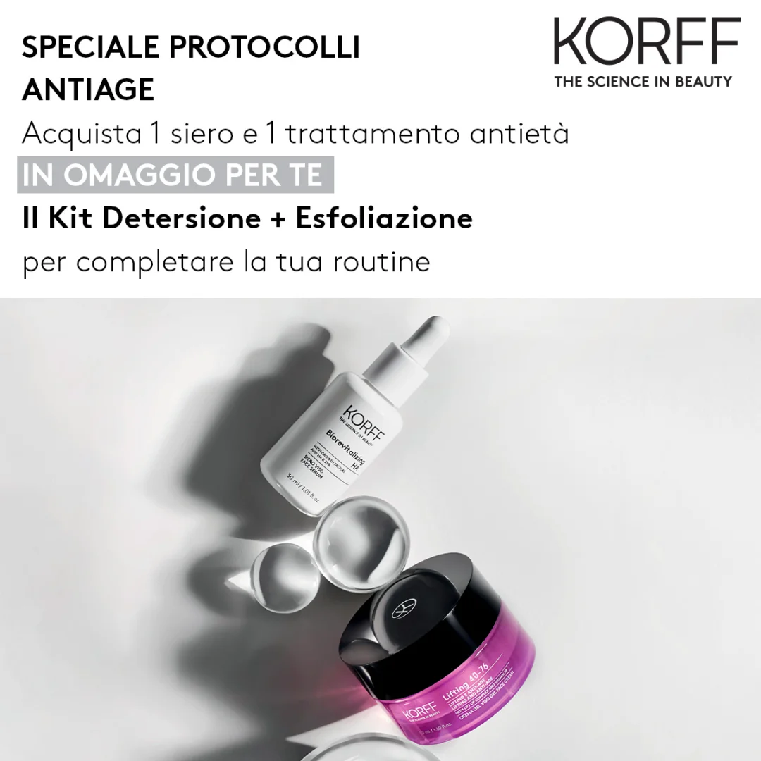 Korff Speciale protocolli anti-age: Acquista 1 siero + 1 anti-age e ricevi in regalo il Kit per una routine completa!
