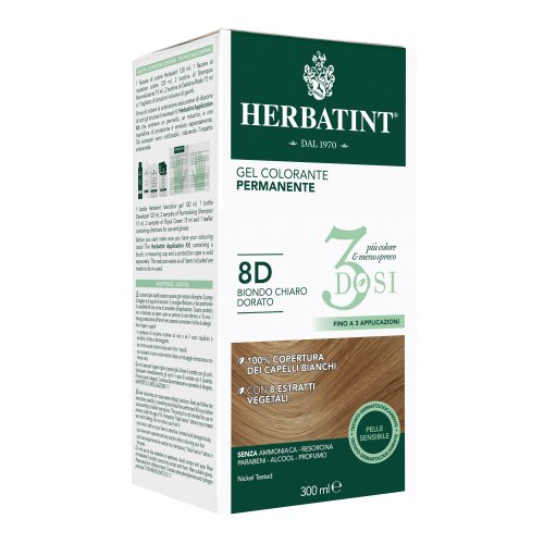 Herbatint Gel Colorante Permanente Senza Ammoniaca 3 Dosi 8D Biondo Chiaro Dorato 300ml