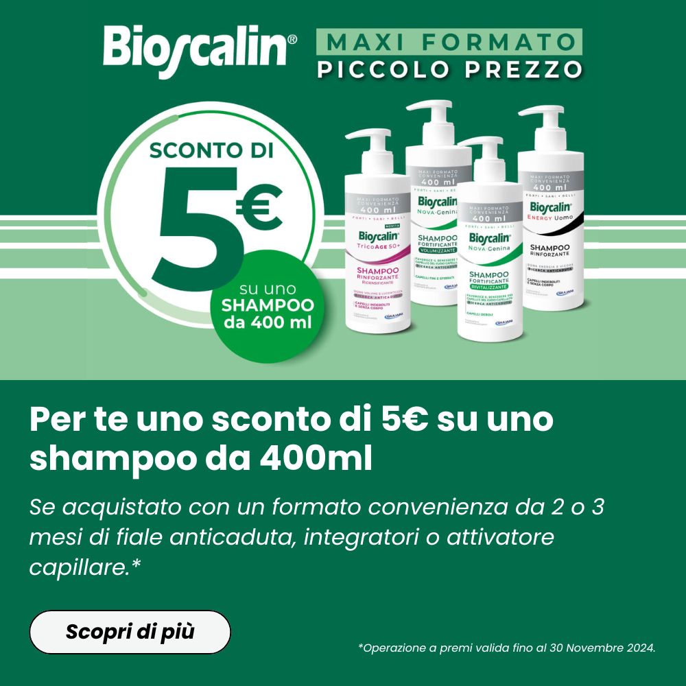 Bioscalin: Acquista 1 trattamento anticaduta + 1 shampoo 400ml e ricevi
                  uno sconto di 5€!  