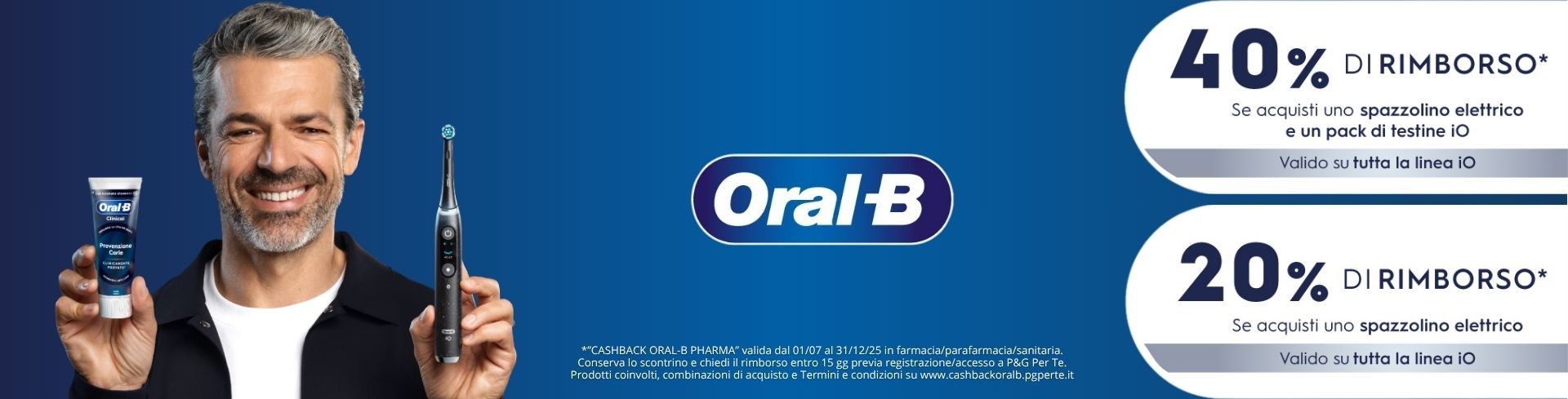 Cashback Oral-B! per te 20% di rimborso se acquisti uno spazzolino elettrico iO, che sale al 40% se aggiungi un pack di testine!