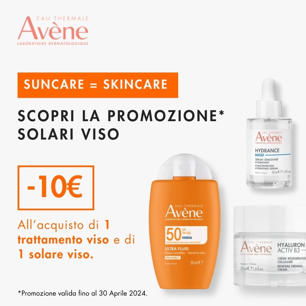 Approfitta della promo Avene! Acquista 1 solare viso + un trattamento viso e ricevi -10€ di sconto! mobile