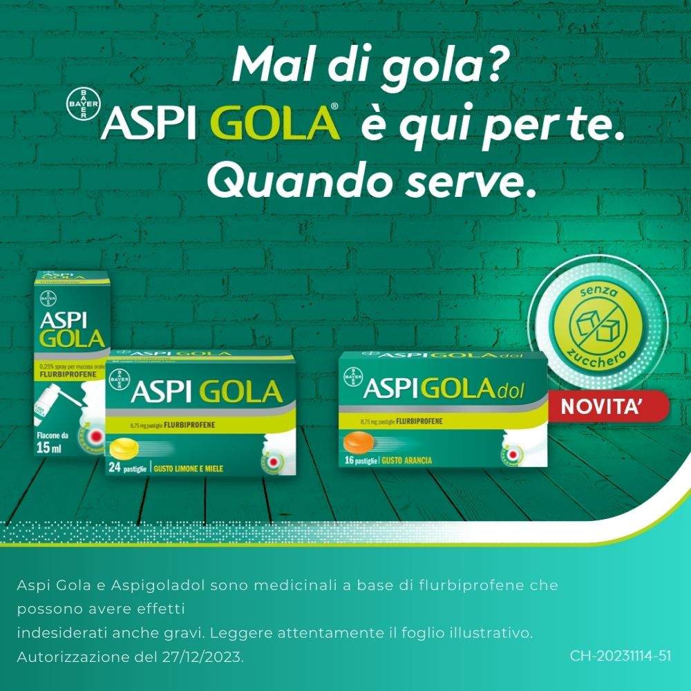  Aspi Gola e Aspigoladol sono prodotti base di flurbiprofene che svolgono un’azione rapida contro infiammazione, dolore e difficoltà a deglutire.