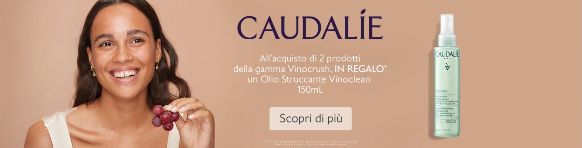 banner promozionale Caudalie Vinocrush: acquista 2 prodotti della gamma e ricevi in regalo un olio struccante vinoclean 150ml!  desktop