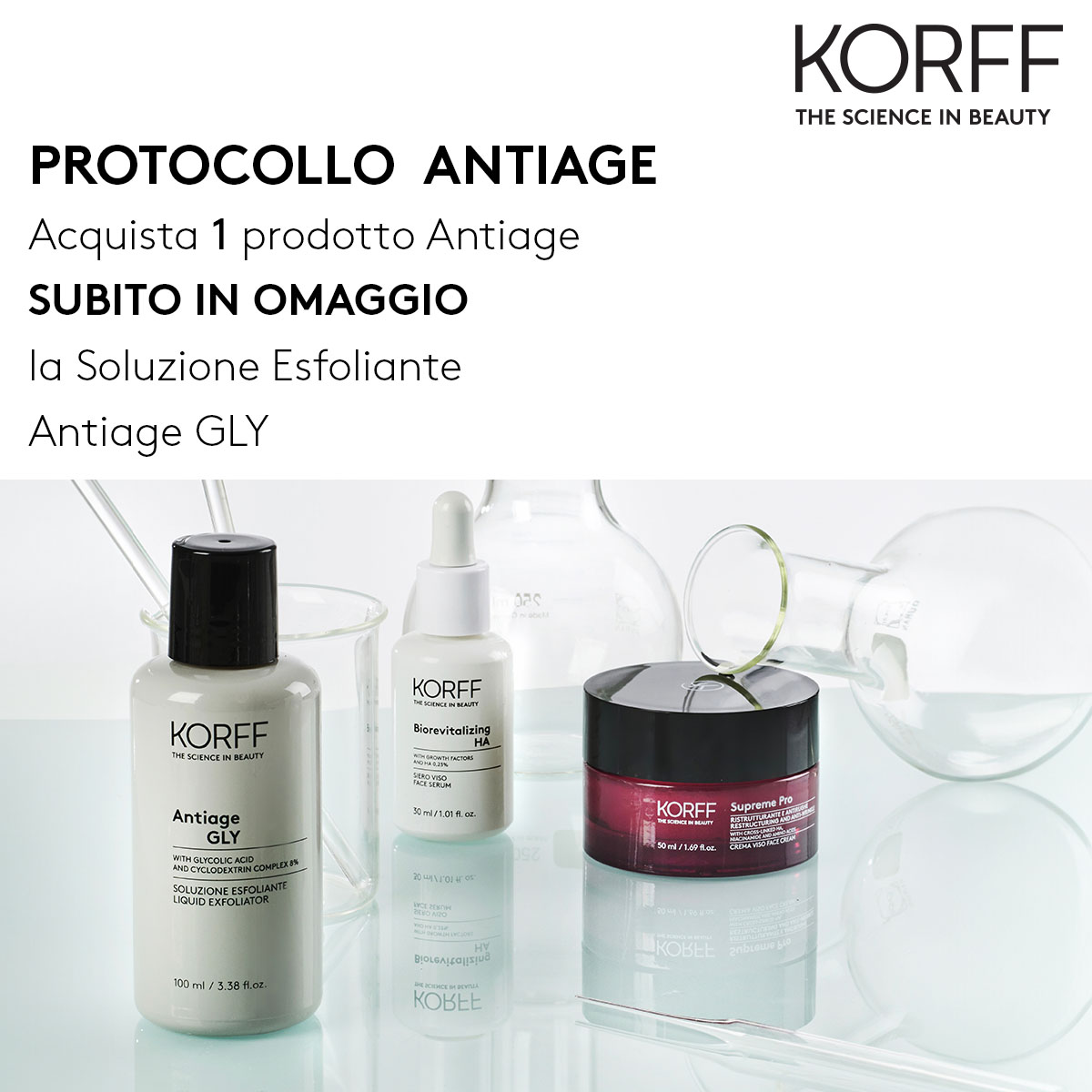 Korff - Protocollo antiage, acquista 1 prodotto anti-età e ricevi subito in omaggio la soluzione esfoliante Antiage GLY 30ml!