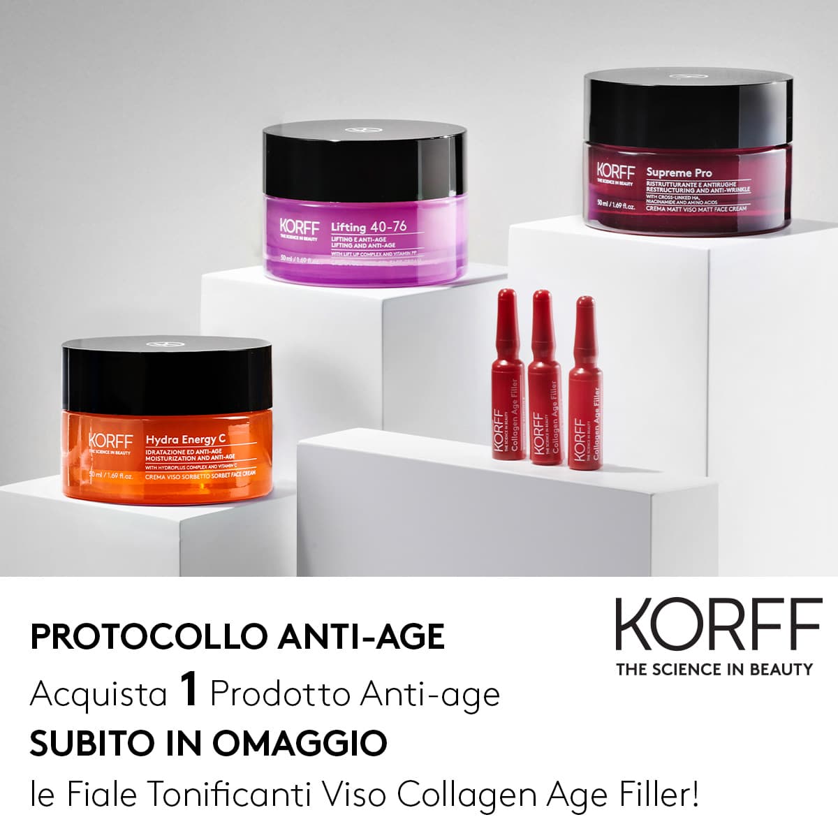 banner promozionale korff: acquista 1 prodotto anti-age e ricevi in omaggio le fiali tonificanti viso collagen age filler! mobile