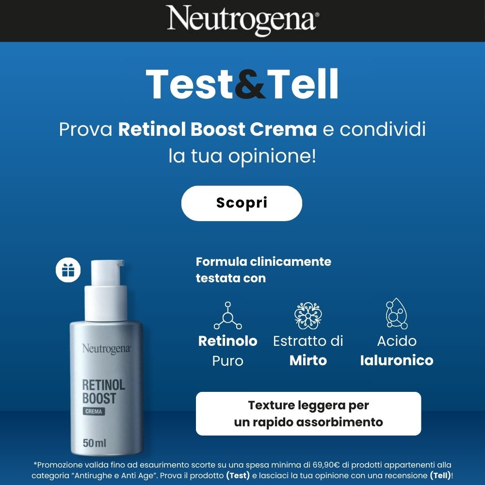 Neutrogena: La tua opinione Conta! Acquista 69,90€ di prodotti Anti-age, ricevi in omaggio Retinol Boost e raccontaci la tua opinione! mobile