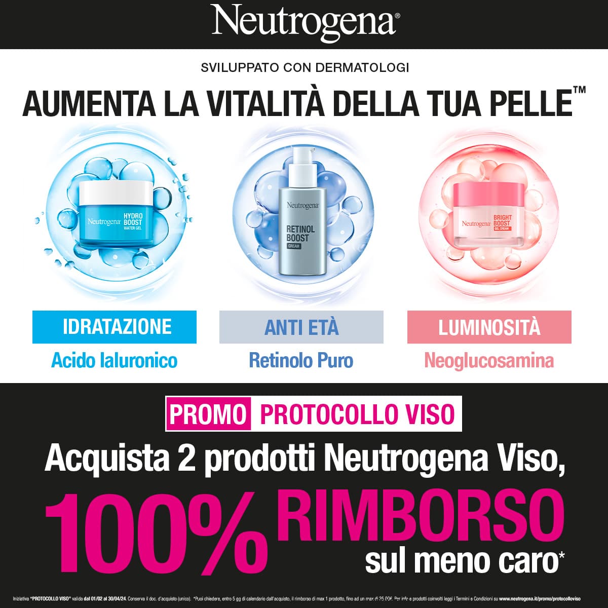 Neutrogena Promo protocollo viso: Acquista 2 prodotti Neutrogena Viso, 100% di rimborso sul meno caro!